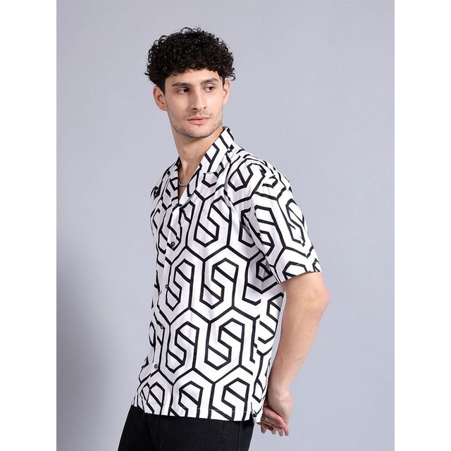 The Indian Garage Co Men's Relaxed Fit Geometric Print Party Half Sleeve Shirt | White - M