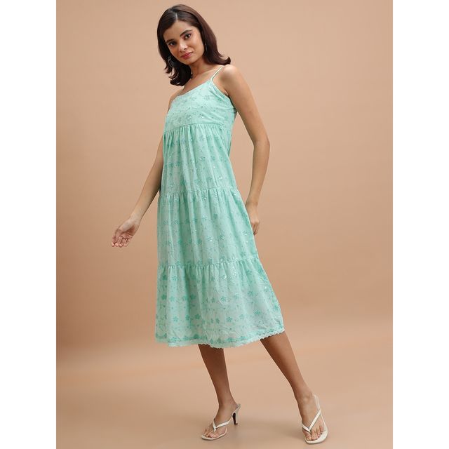 Ketch Women Floral Embroidered Tiered Gathered A-Line Midi Dress | Green | M