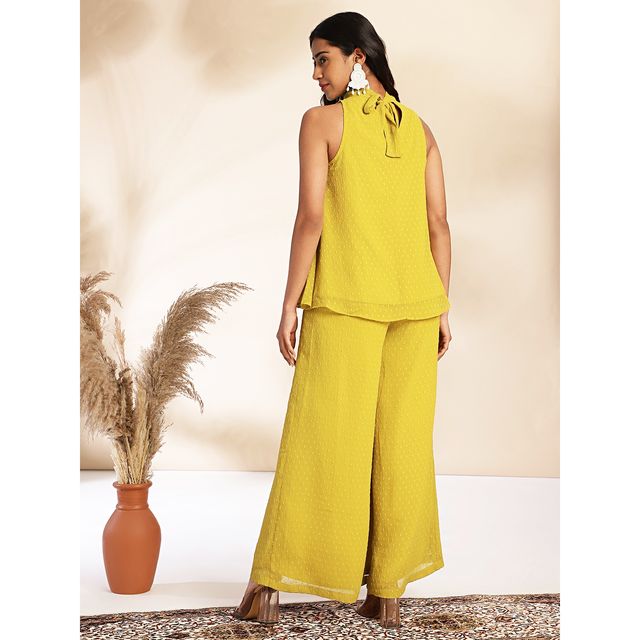 Janasya Women s Yellow Dobby Chiffon Self Design Co-Ord Set - SET916-TP-PP - S