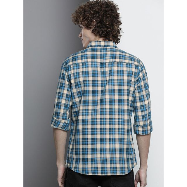 The Indian Garage Co Men's Slim Fit Checkered Casual Shirt | Blue - XL