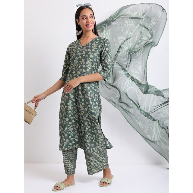 Ketch Women's Ethnic Motifs Printed Kurta With Trousers & Dupatta | Green | M