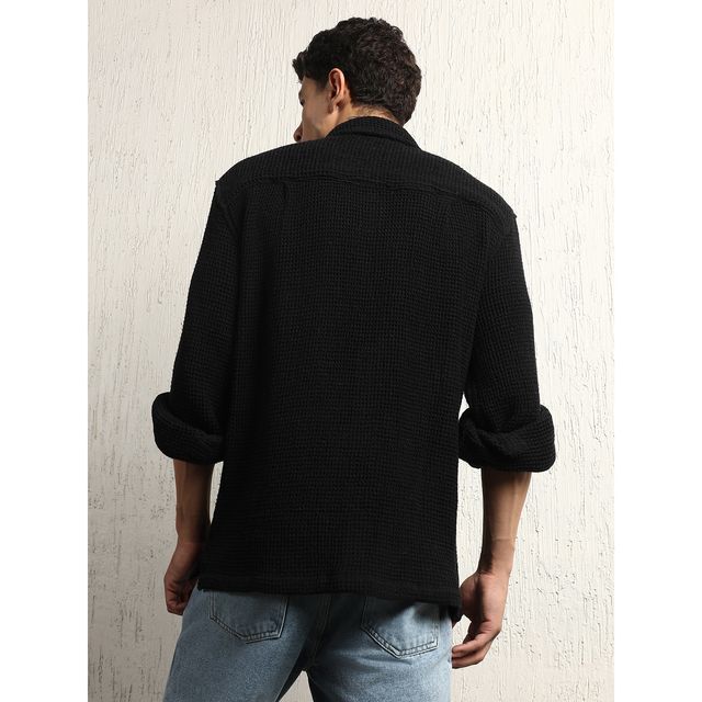 Hubberholme Men's Oversized Cotton Casual Waffel Double Pocket Full Sleeve Shirt | Black - 38