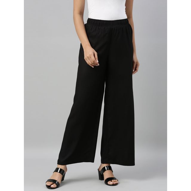 Go Colors Women's Solid Woven Viscose Mid Rise Basic Palazzos | LPZ7 | Black - L