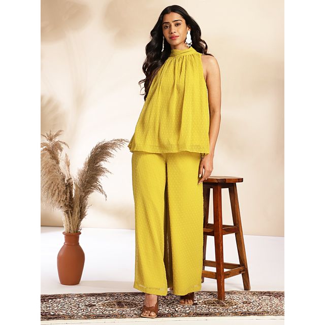 Janasya Women s Yellow Dobby Chiffon Self Design Co-Ord Set - SET916-TP-PP - S