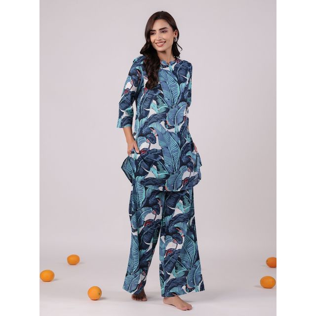 Sanskrutihomes Women Tropical Printed Cotton Blue Night Suit SE-NSP-629 | M