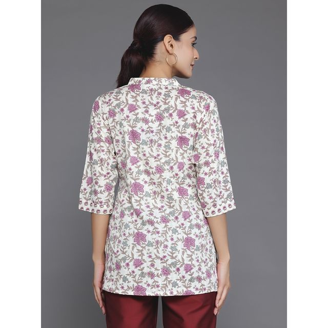 Libas Women's Off White Printed Cotton Blend Straight Kurti | M