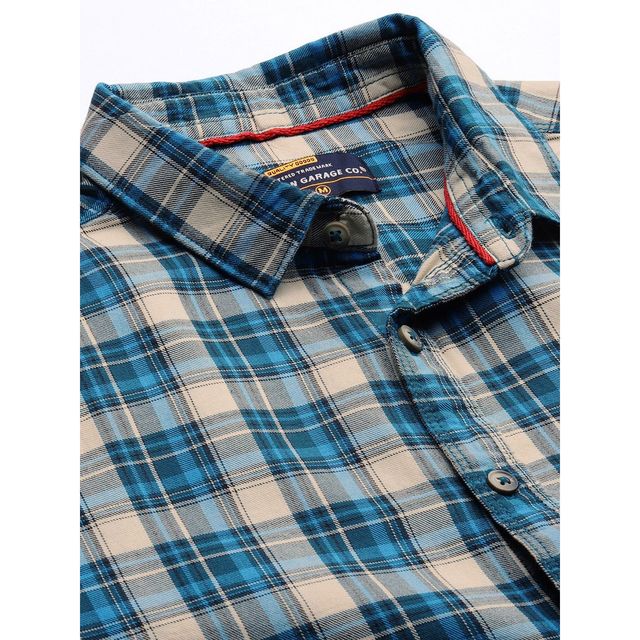 The Indian Garage Co Men's Slim Fit Checkered Casual Shirt | Blue - XL