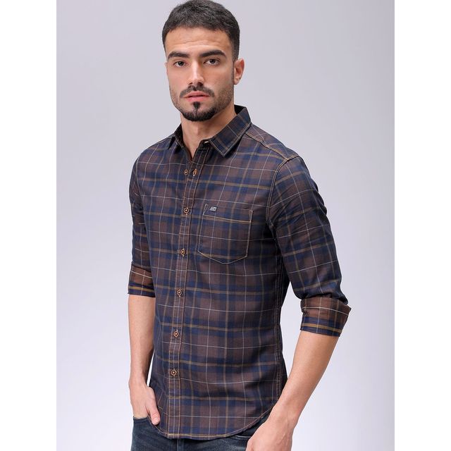 The Indian Garage Co Men's Slim Fit Checkered Casual Shirt | Brown - L