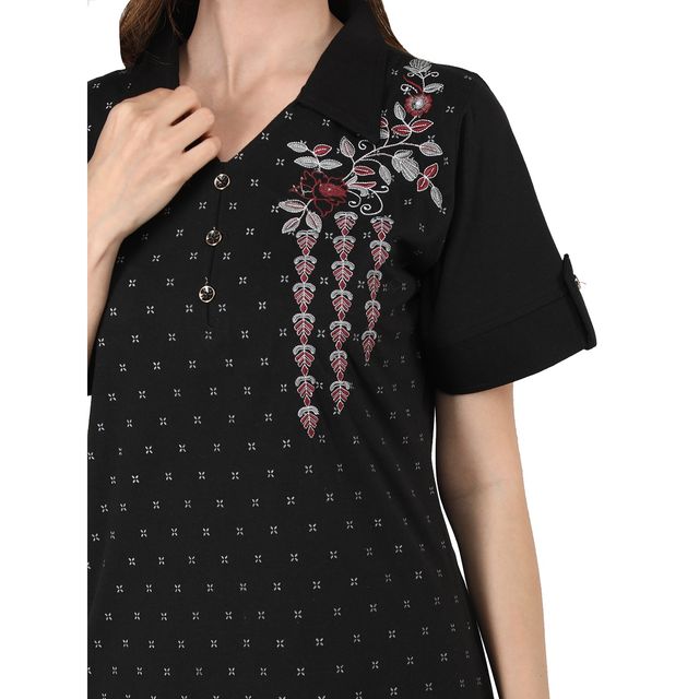Duchess Women s Cotton Regular Fit Printed-Embroided Long Night Suit Set | Black | 3XL