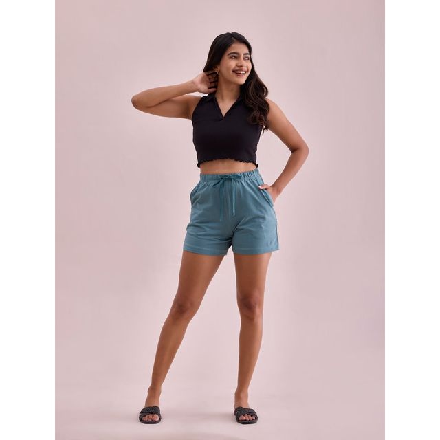 Go Colors Women's Solid Mid Rise Casual Shorts | Ocean Green - S
