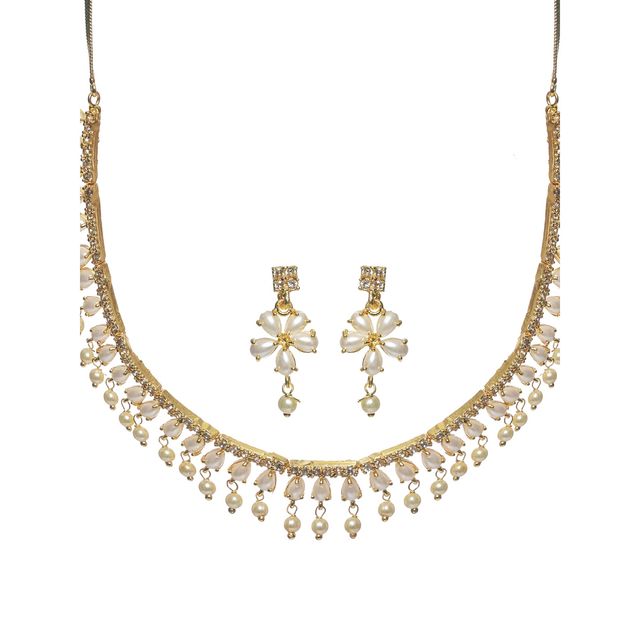 Priyaasi Gold Plated White Pearl AD - Studded Jewellery Set