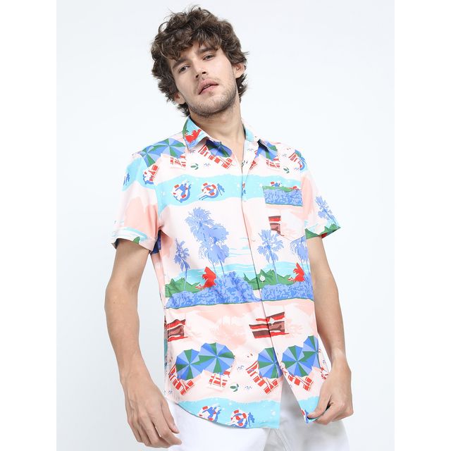 Highlander Men's Slim Fit Floral Printed Casual Shirt - Pink Multi | L
