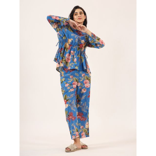 Sanskrutihomes Women's Floral Cotton Nightwear | Blue - XL