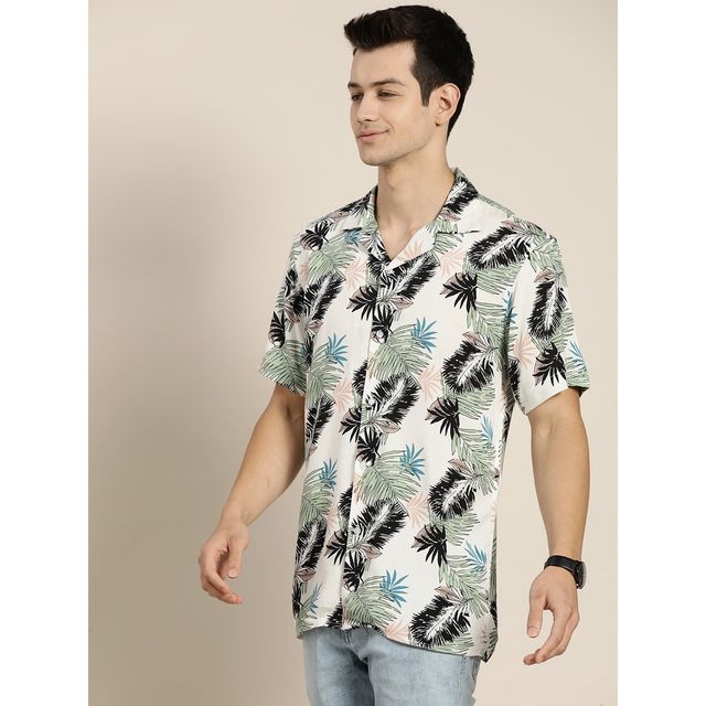 Hancock Men's Tropical Printed Cuban Collar Short Sleeve Casual Shirt - White & Green | 44
