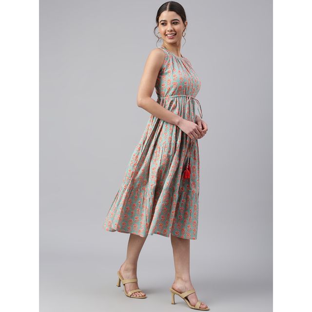 Janasya Women s Mint Green Pure Cotton Floral Block Print Tiered Western Dress - JNE3961-DR - M