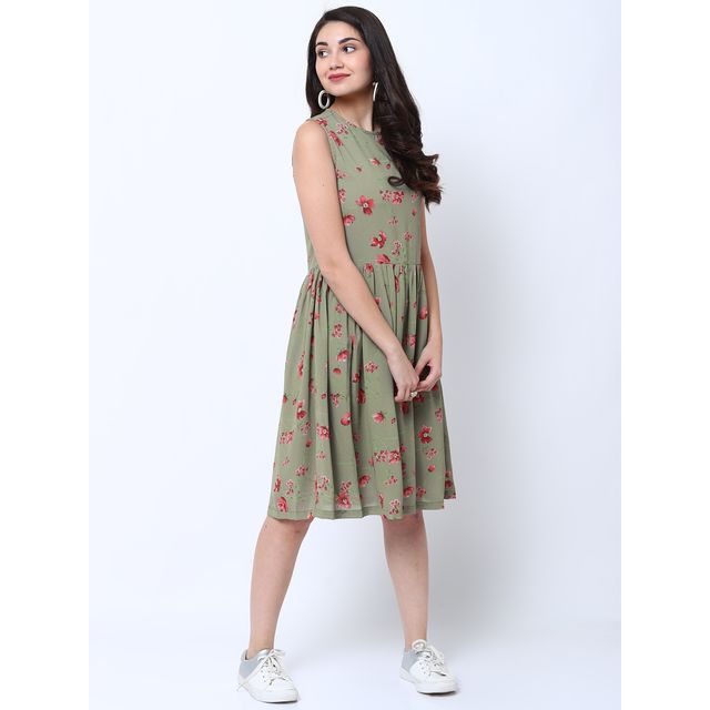 Tokyo Talkies Women's Printed Fit and Flare Dress | Green - XL