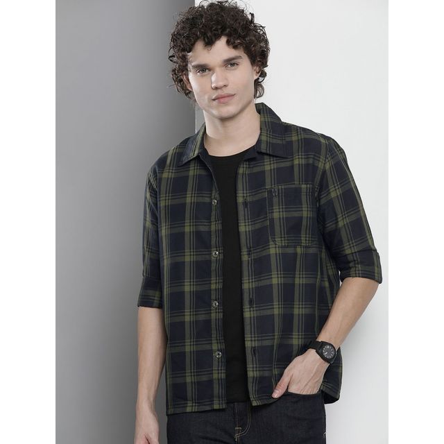 The Indian Garage Co Men's Regular Fit Checkered Casual Over Shirt | Black - M