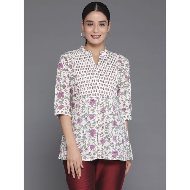 Libas Women's Off White Printed Cotton Blend Straight Kurti | M