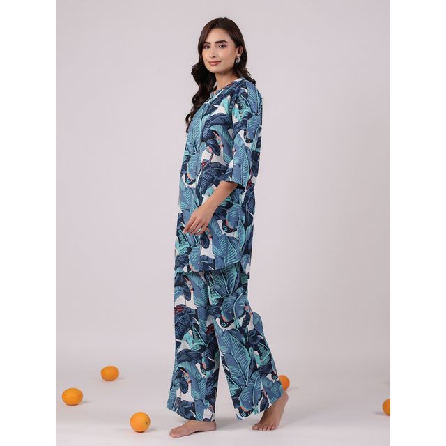 Sanskrutihomes Women Tropical Printed Cotton Blue Night Suit SE-NSP-629 | M