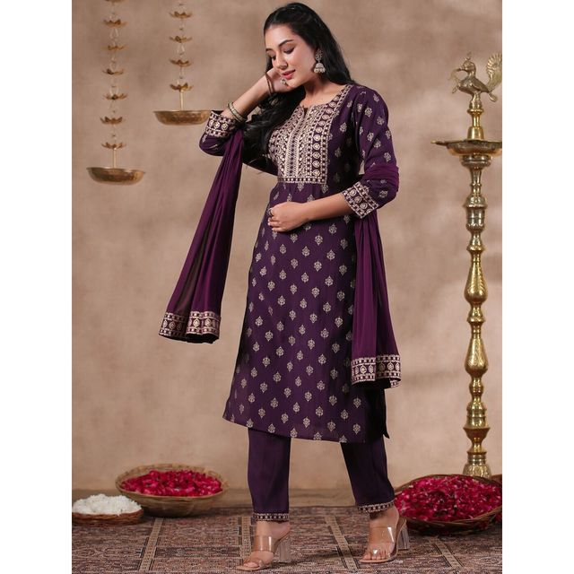 Ishin Women Straight Ethnic Silk Blend Kurta Set with Dupatta | INWSDAW231219 | Purple - M