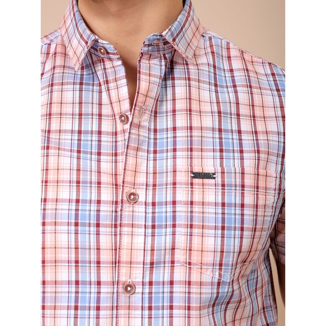 The Indian Garage Co Men's Slim Fit Half Sleeve Shirt | Peach - XL