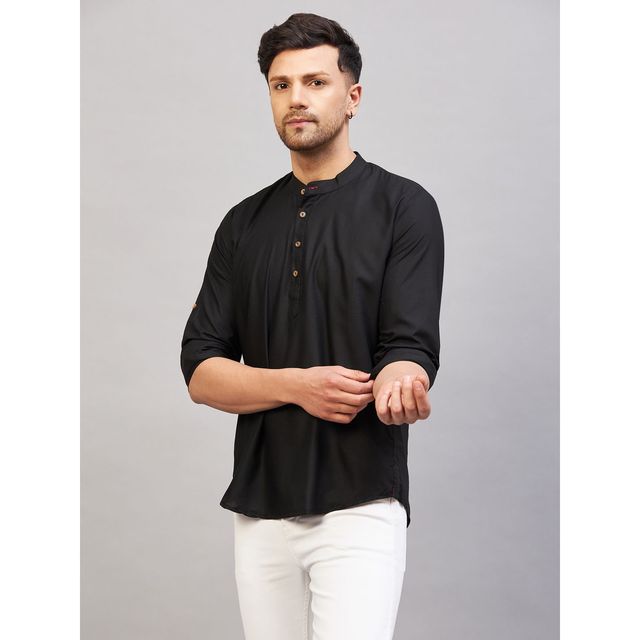 Vastramay Men's Black Cotton Blend Short Kurta | XL
