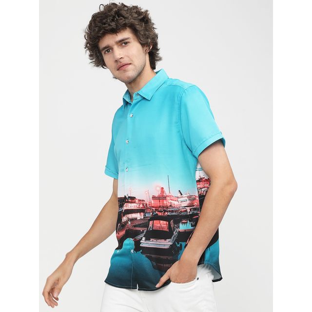 Highlander Men's Printed Slim Fit Casual Shirt - Light Blue and Navy Blue | L