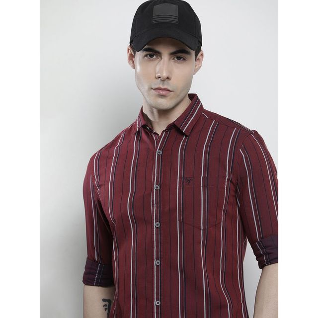 The Indian Garage Co Men's Regular Fit Striped Casual Shirt | Maroon - XL