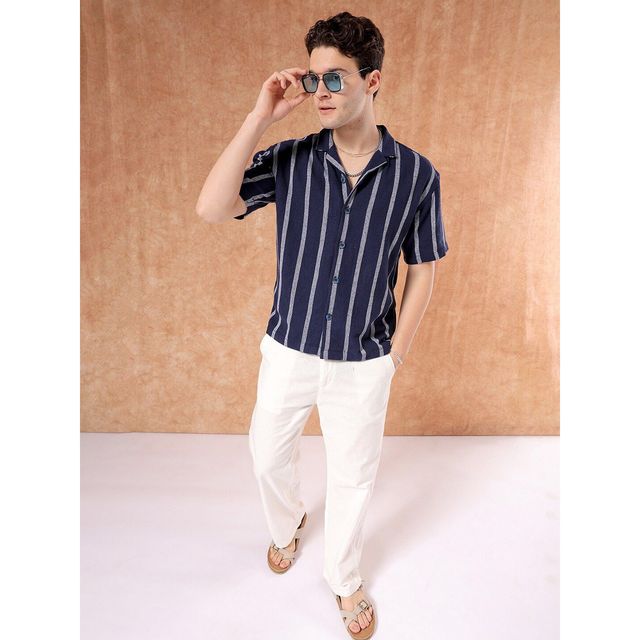 The Indian Garage Co Men's Relaxed Fit Striped Resort Half Sleeve Shirt | Indigo - XL