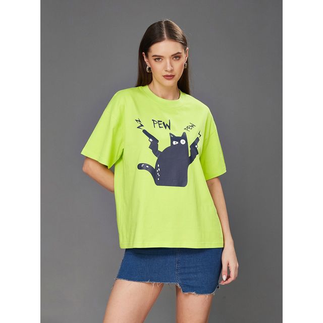 Miss Chase Women s Pew Pew Cat Oversized Tee Lime Green | XL