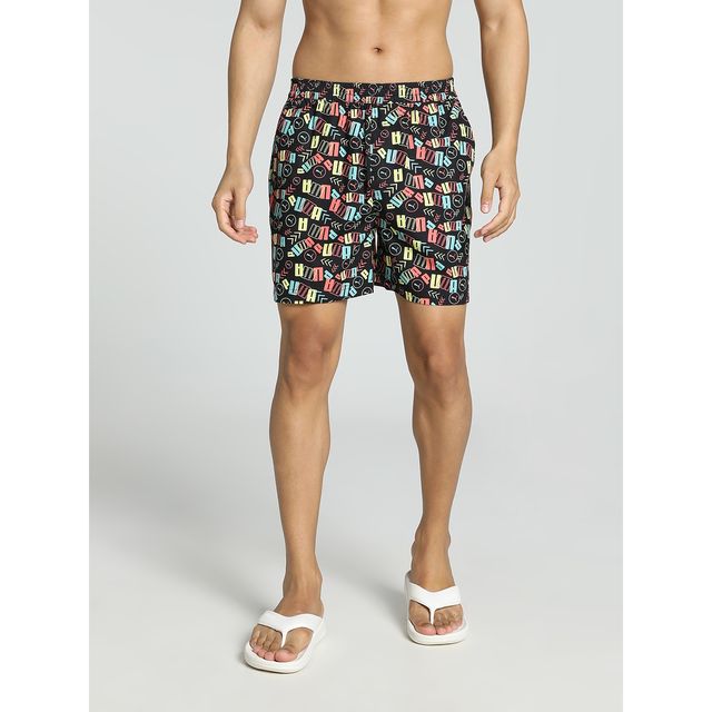 Puma Men's Printed Woven Boxers with Side Pocket | Black-Porcelain | S