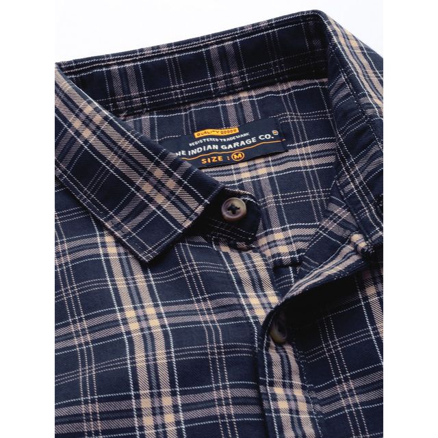 The Indian Garage Co Men's Regular Fit Checkered Casual Shirt | Navy - S