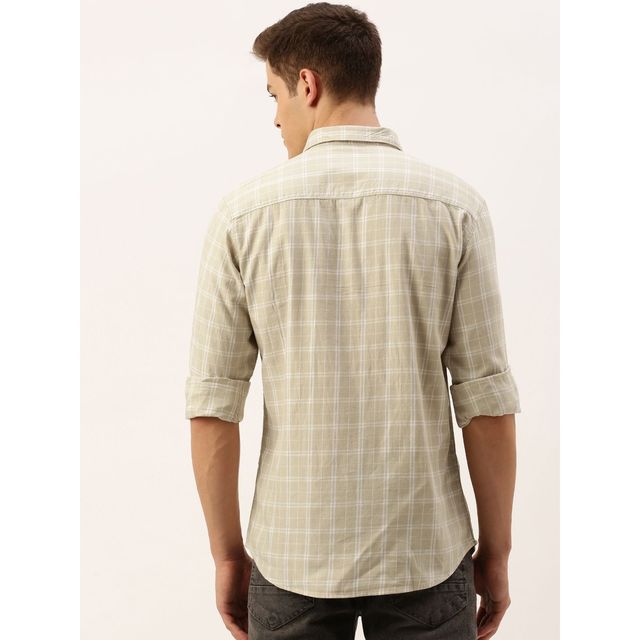 The Indian Garage Co Men's Slim Fit Checkered Casual Shirt | Beige - M