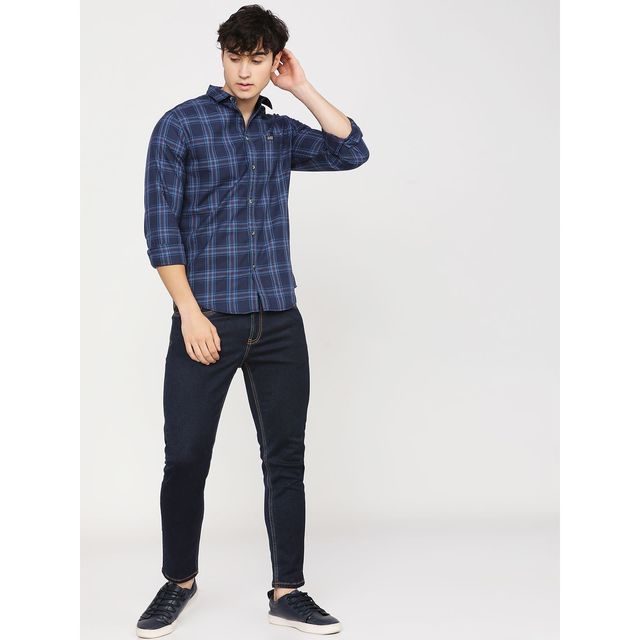 The Indian Garage Co Men's Slim Fit Checkered Casual Shirt | Navy Blue - 2XL