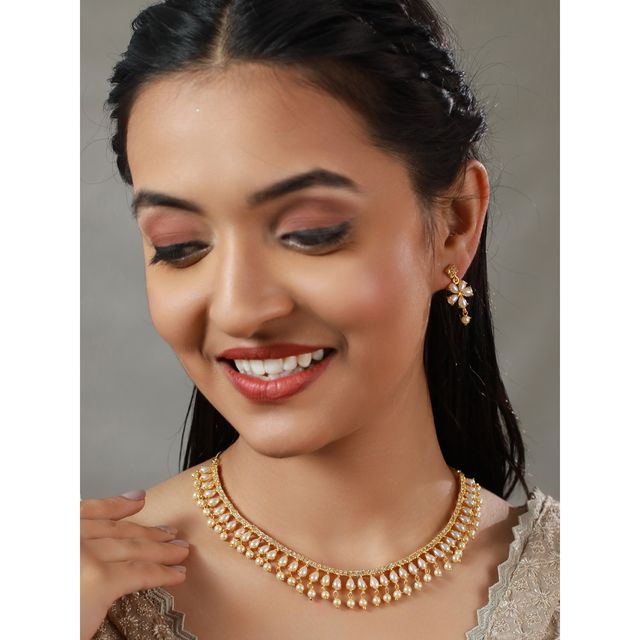 Priyaasi Gold Plated White Pearl AD - Studded Jewellery Set