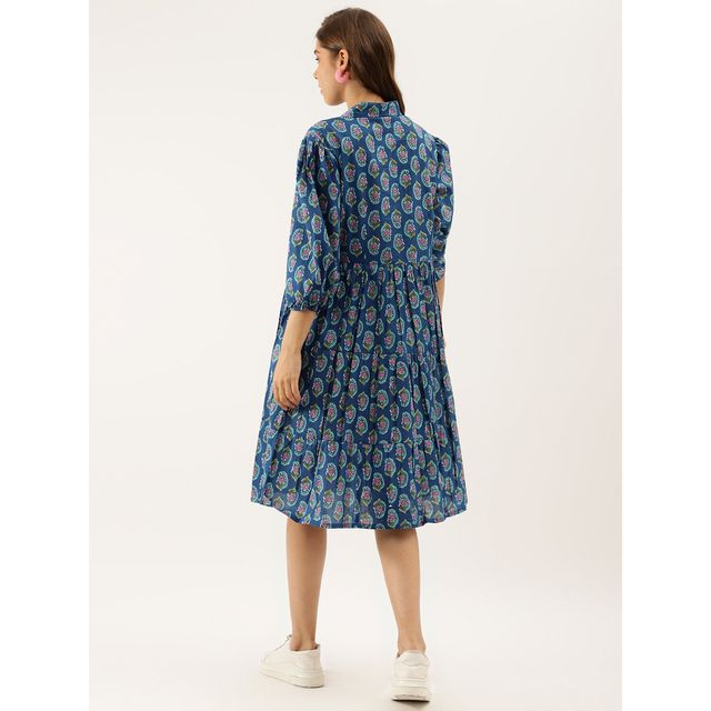 Divena Paisley Printed Cotton Dress for Women | DK1043 | Blue - S