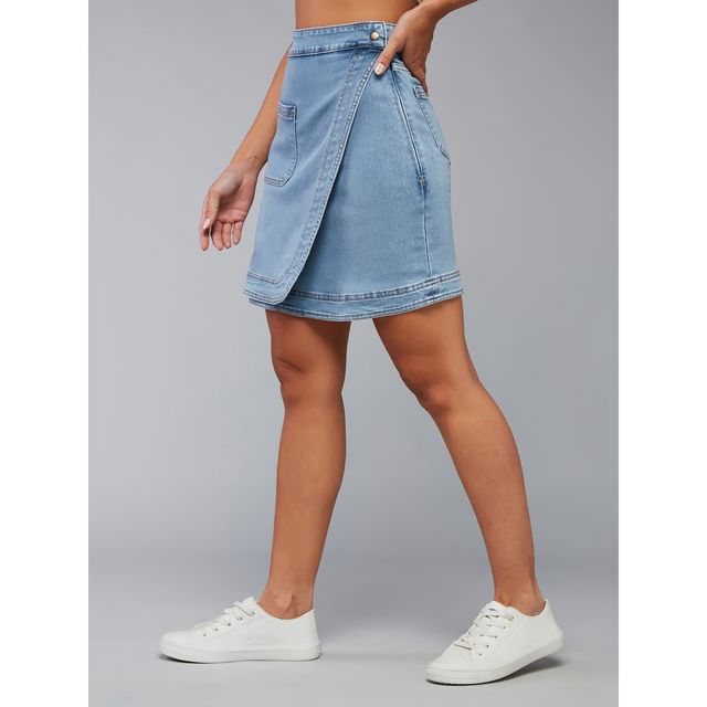 Miss Chase Women s Fiddler On The Roof Denim Skirt Light Blue | 34