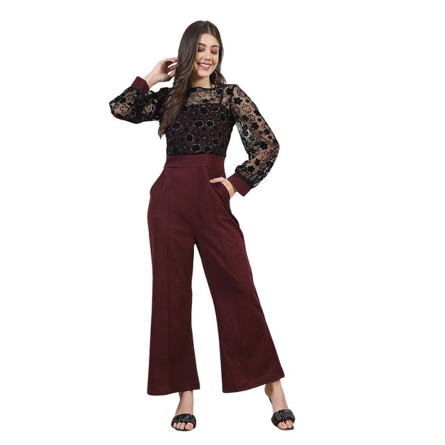 Athena Women's Floral Self Design Embellished Basic Jumpsuit | Maroon and Black - S