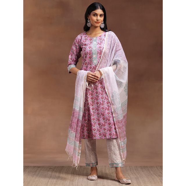 Libas Women's Pink Printed Cotton Straight Suit With Dupatta | S