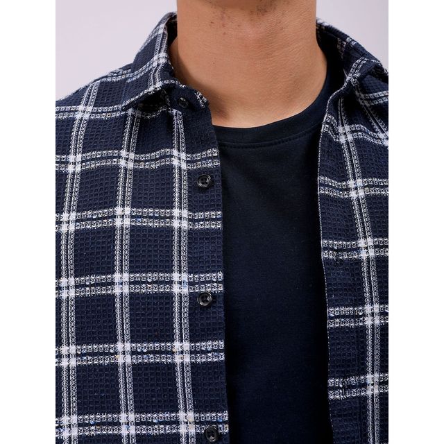The Indian Garage Co Men's Regular Fit Checkered Resort Shirt | Navy Blue - S