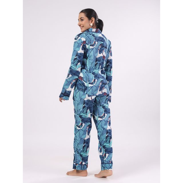 Sanskrutihomes Women's Tropical Cotton Nightwear | Blue - L