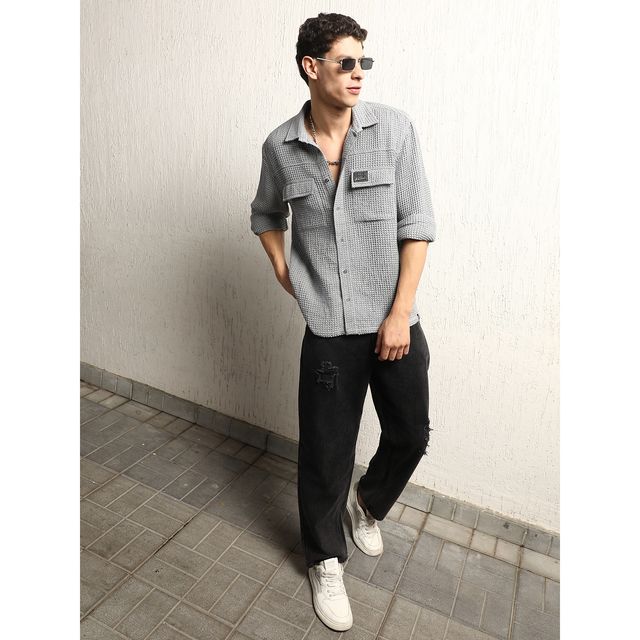 Hubberholme Men's Classic Cotton Casual Waffel Oversized Double Pocket Shirt | Grey - 44