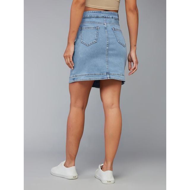 Miss Chase Women s Fiddler On The Roof Denim Skirt Light Blue | 34