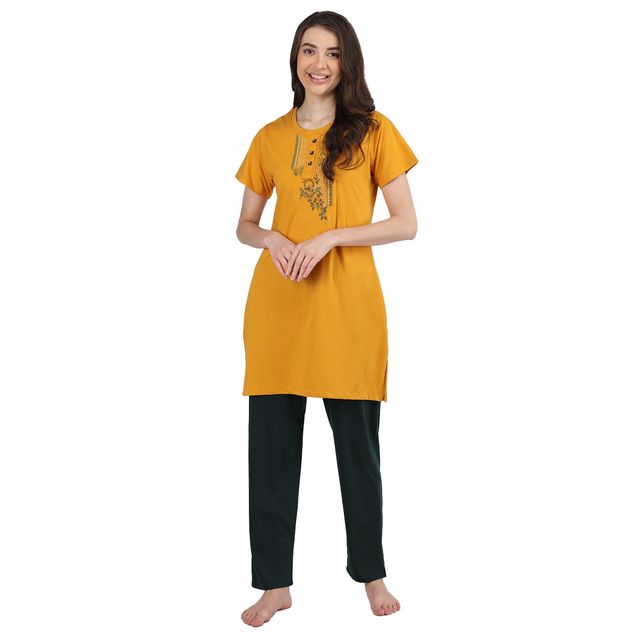 Duchess Women s Cotton Regular Fit Printed-Embroided Long Night Suit Set | Mustard-Olive | 2XL