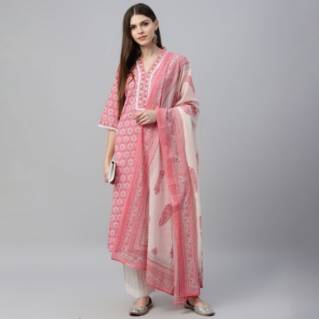 Libas Women Peach Floral Straight Cotton Kurta With Palazzo And Floral Dupatta - 35721XL