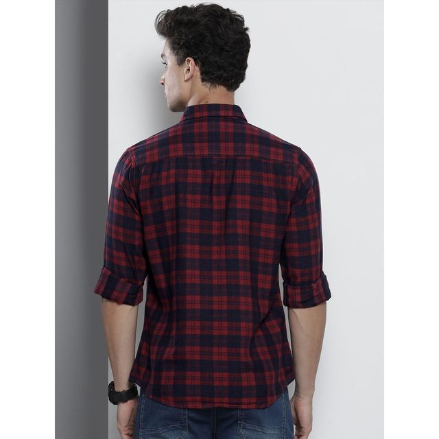 The Indian Garage Co Men's Slim Fit Checkered Casual Shirt | Maroon - XL