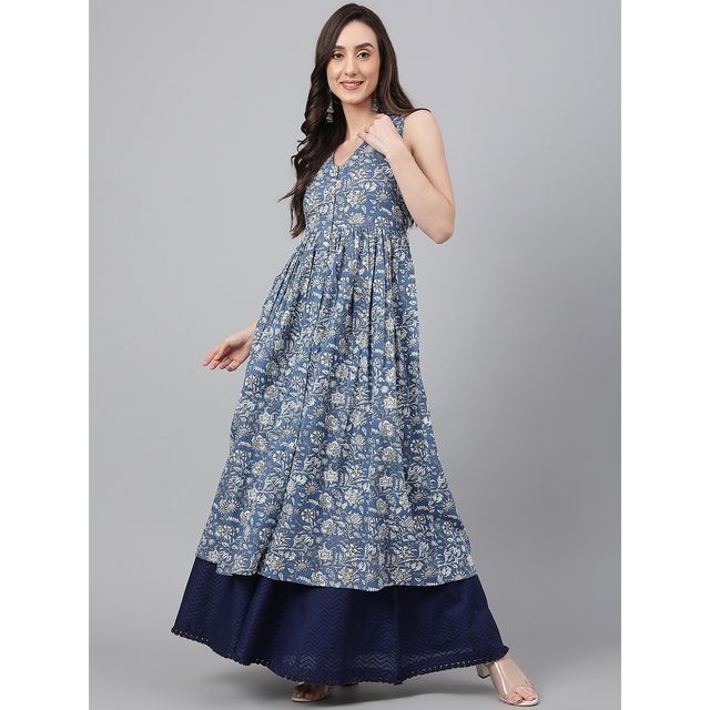 Janasya Women s Blue Pure Cotton Floral Print Flared Kurta - JNE4031-KR - M