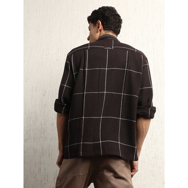 Hubberholme Men's Oversized Cotton Casual Check Waffel Double Pocket Full Sleeve Shirt | Brown - 40