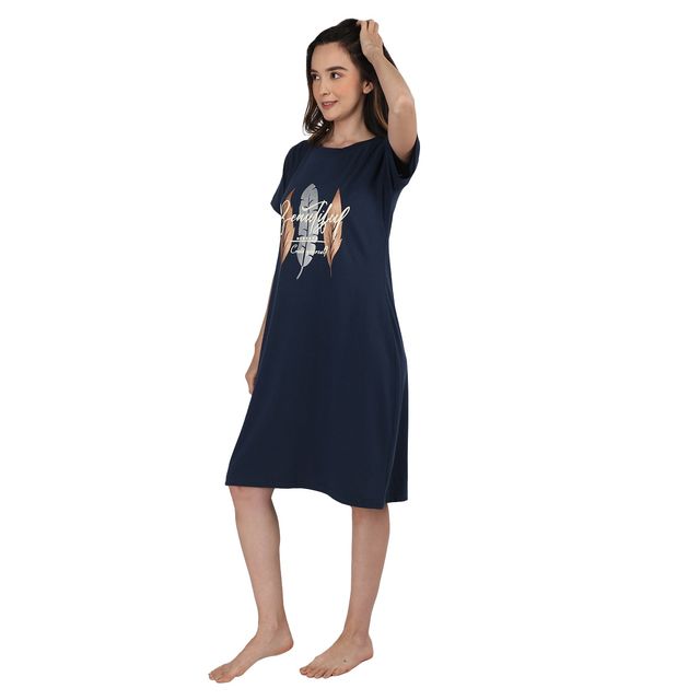 Duchess Women's Cotton Blend Printed Knee Length Nighty | Airforce - 2XL