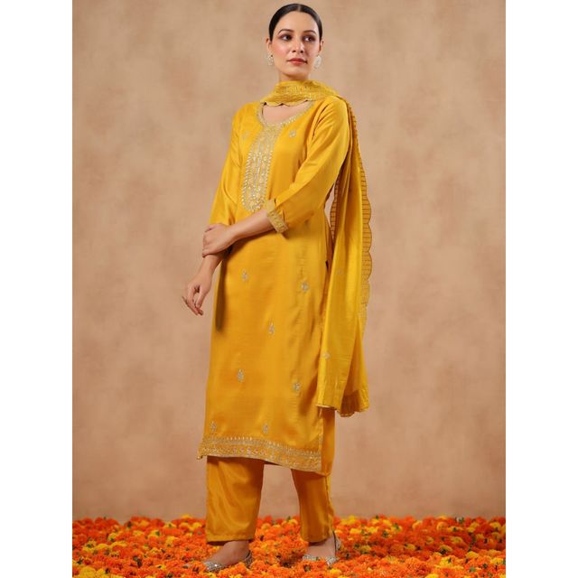Ishin Women Straight Ethnic Poly Silk Kurta Set with Dupatta | INWSDAW231202 | Mustard - M